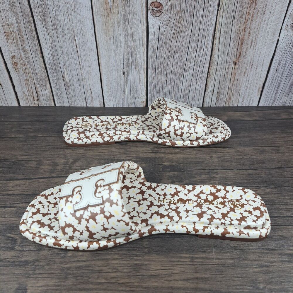Tory Burch Double T Sport Slide Tumbled Leather Floral Print Women's Sz 9 (VGC) - Picture 5 of 8
